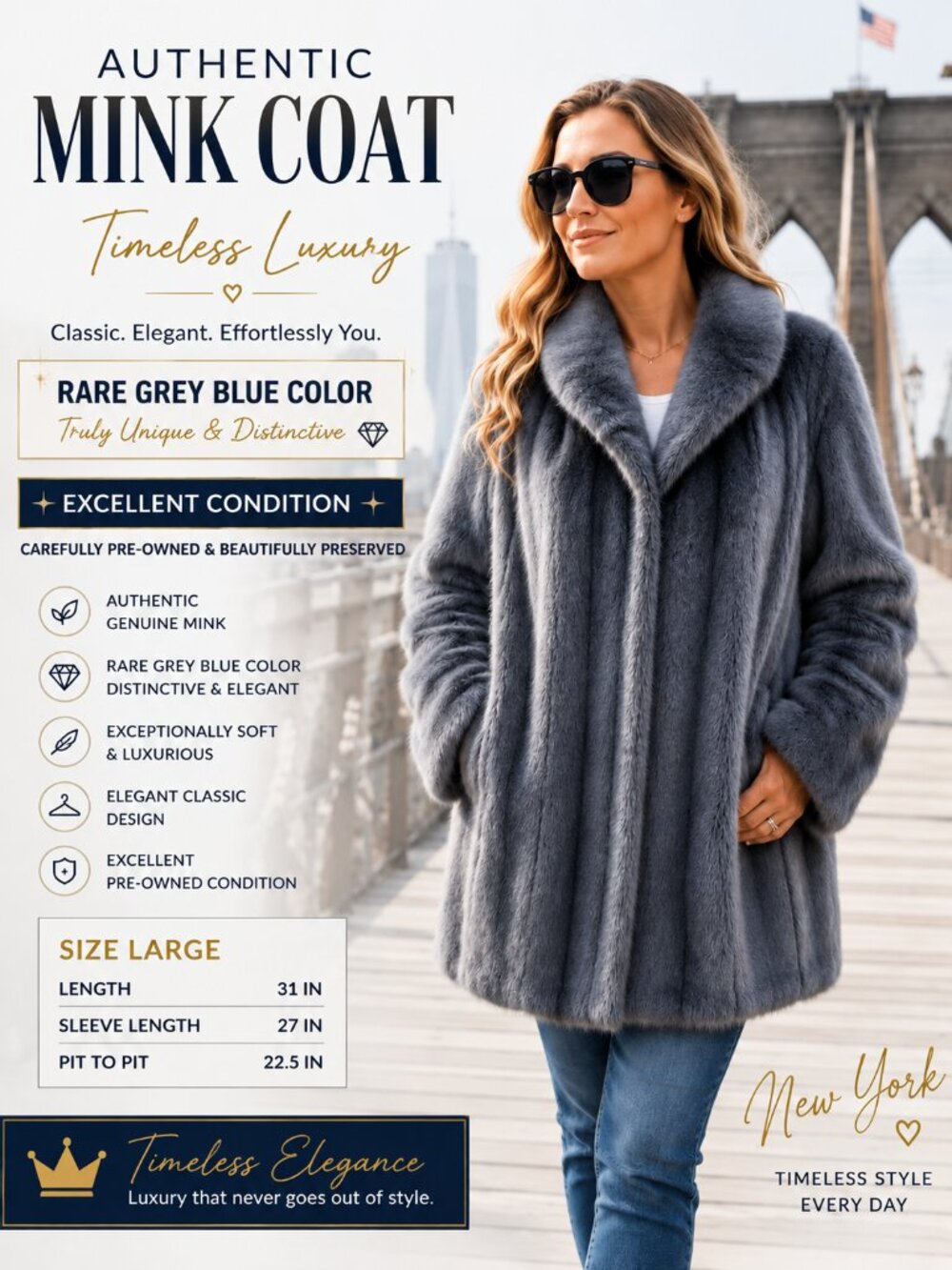 Authentic Gray Mink Fur Coat Genuine Luxury Women's Large Excellent Condition